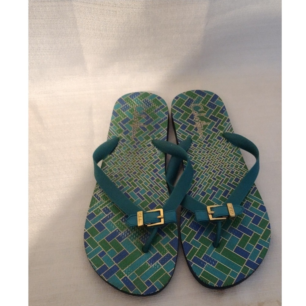 Cole Haan Womens Green Geometric Gold Buckle Flip Flop Sandals -Size 9 - Picture 5 of 5